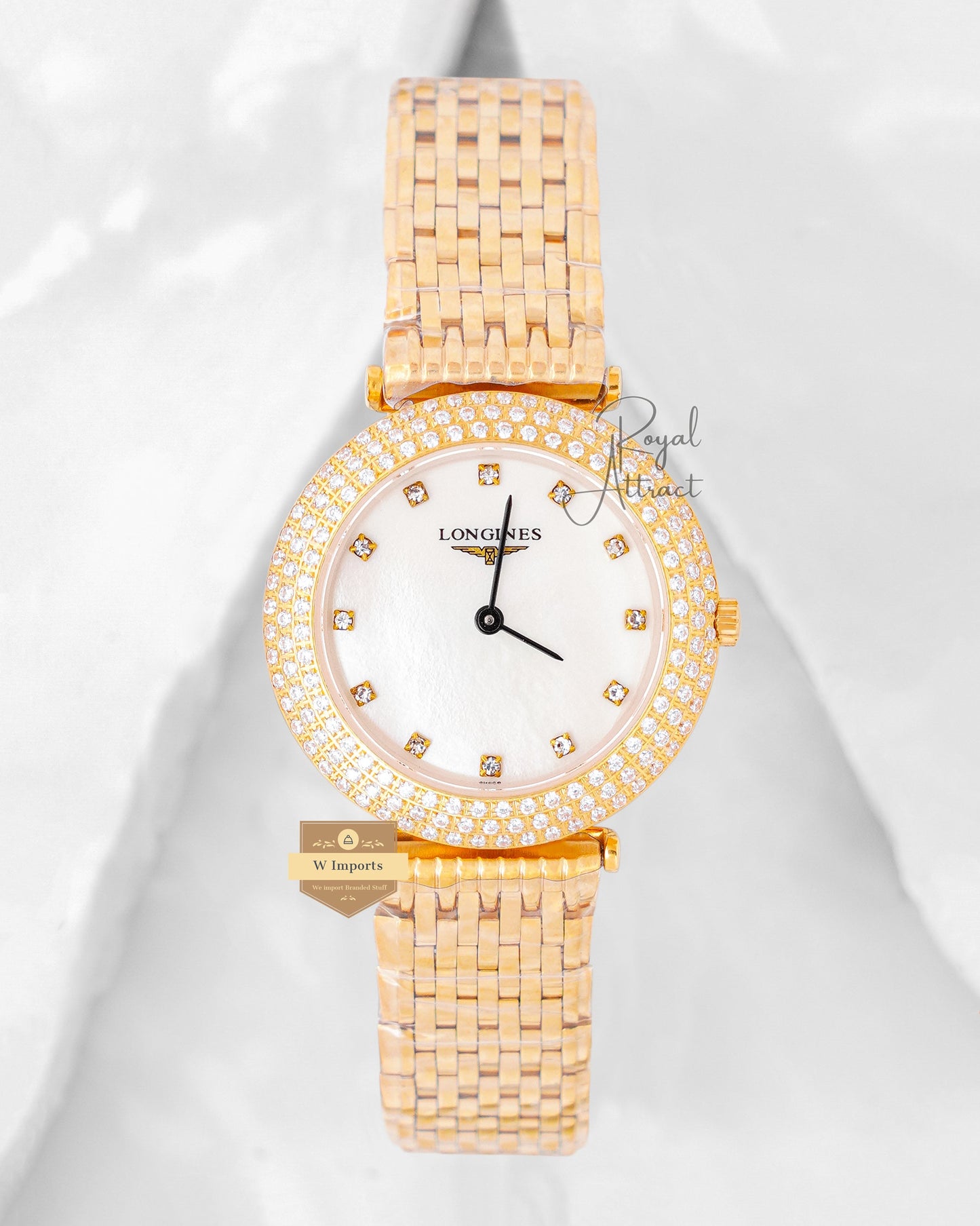 Latest Collection Yellow Gold With White Dial Chain Stone Bezel Ladies Watch