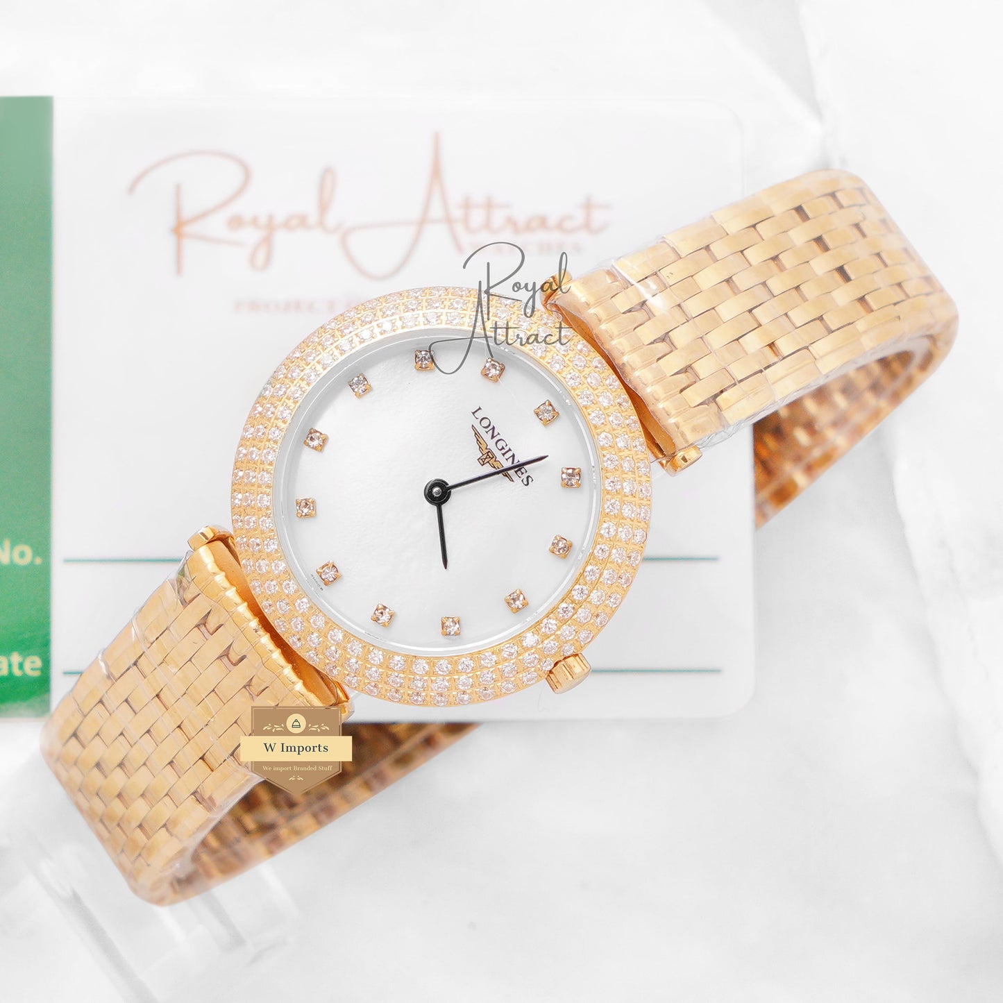 Latest Collection Yellow Gold With White Dial Chain Stone Bezel Ladies Watch