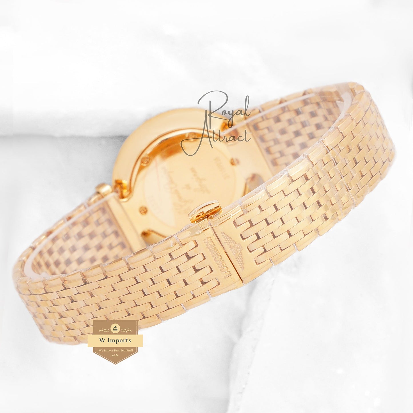 Latest Collection Yellow Gold With White Dial Chain Stone Bezel Ladies Watch