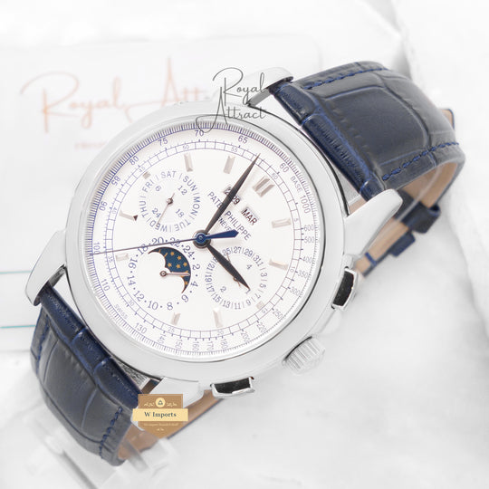 Latest Collection Chronograph Silver Case With White Dial & Blue Leather Strap