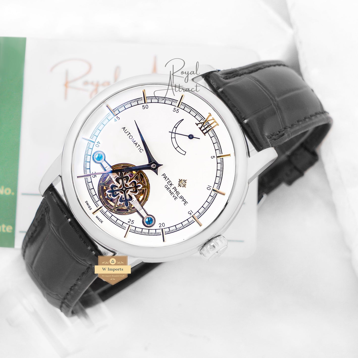 Latest Collection Tourbillon Silver Case With White Dial & Black Leather Strap