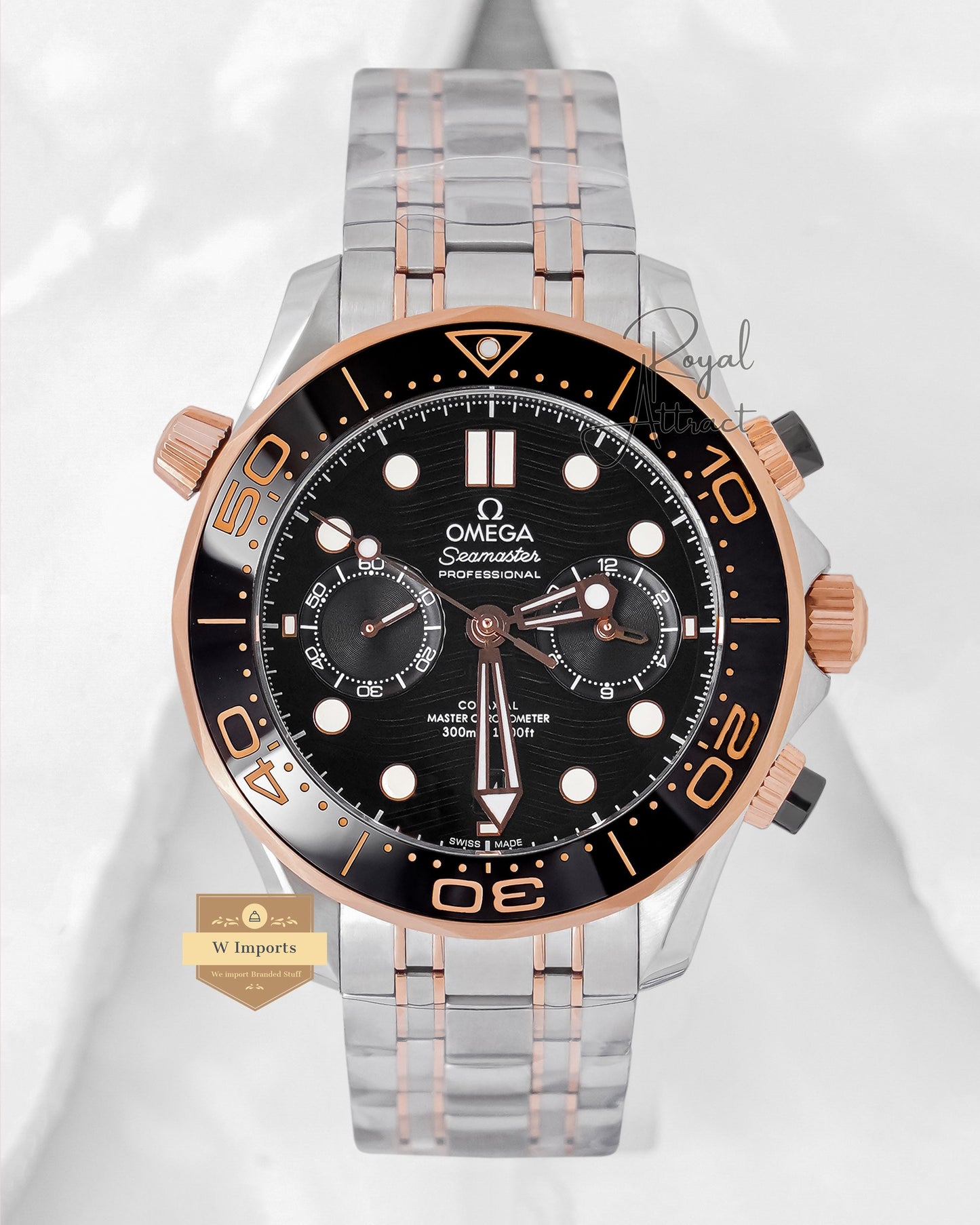 Latest Premium Automatic Two Tone Rose Gold With Black Dial Chain Watch
