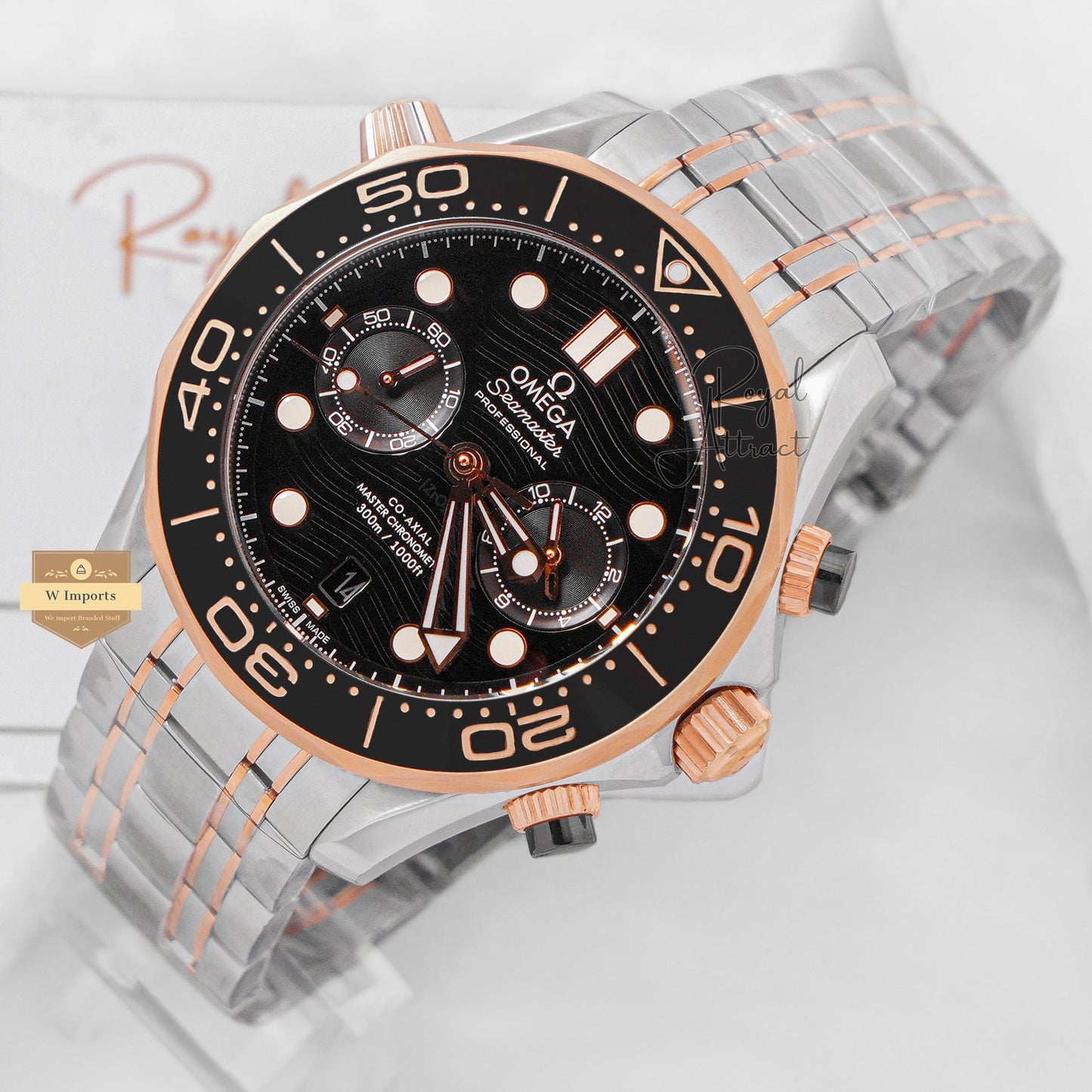 Latest Premium Automatic Two Tone Rose Gold With Black Dial Chain Watch