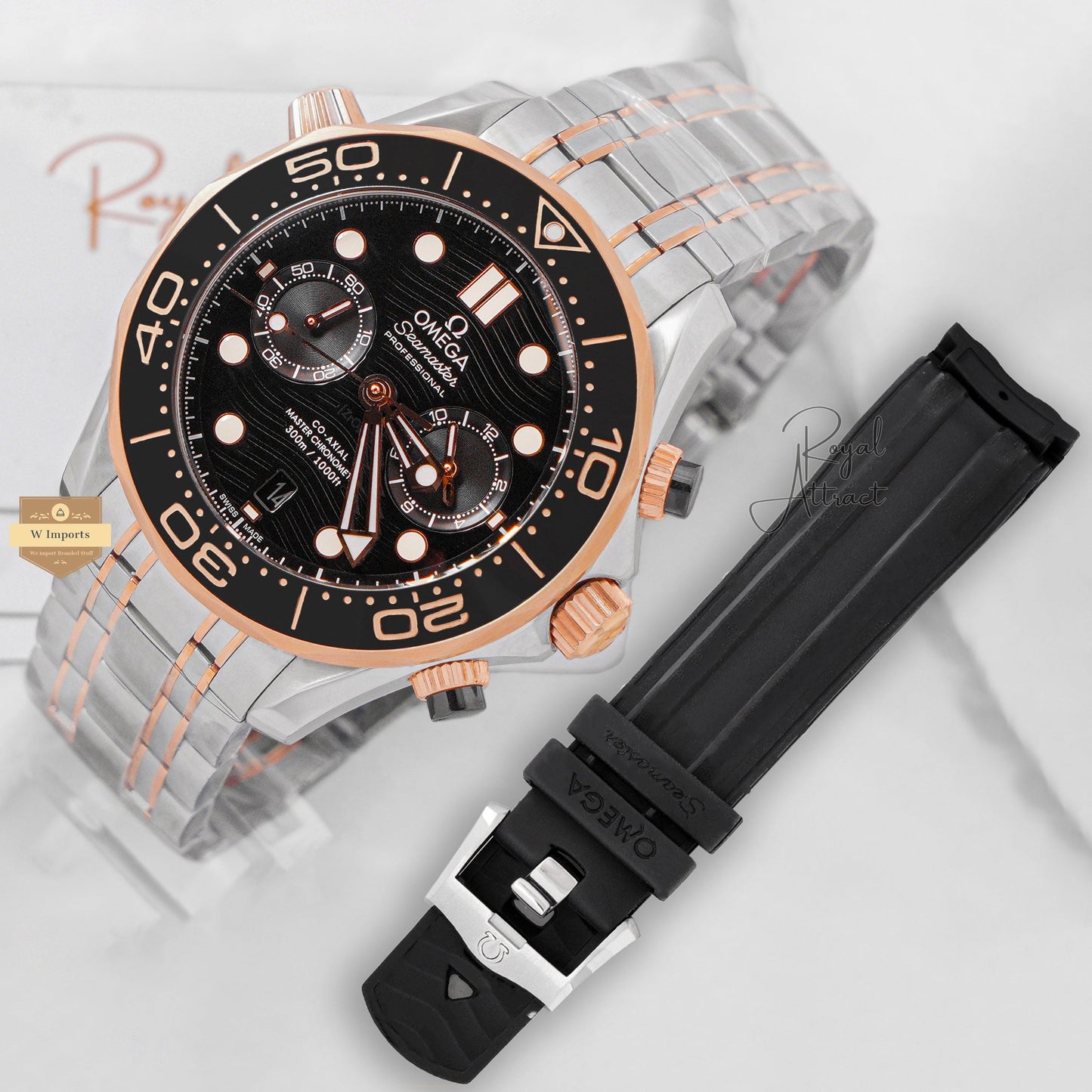 Latest Premium Automatic Two Tone Rose Gold With Black Dial Chain Watch
