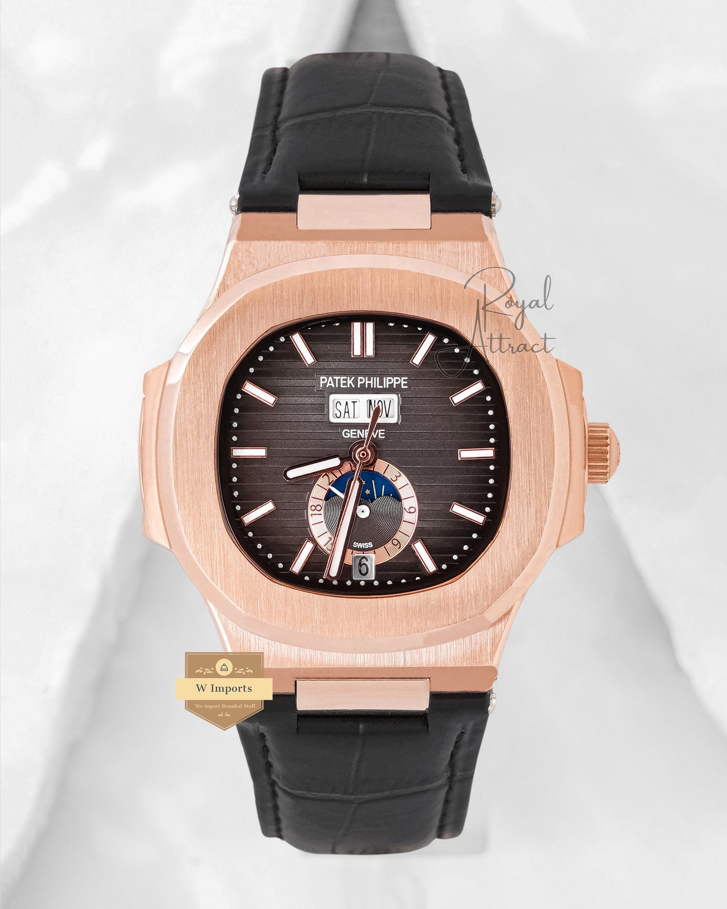 Latest Collection Annual Calendar Moon Phase Rose Gold Case With Charcoal Gray Dial Leather Strap