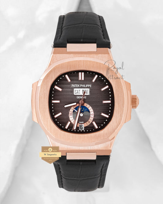 Latest Collection Annual Calendar Moon Phase Rose Gold Case With Charcoal Gray Dial Leather Strap