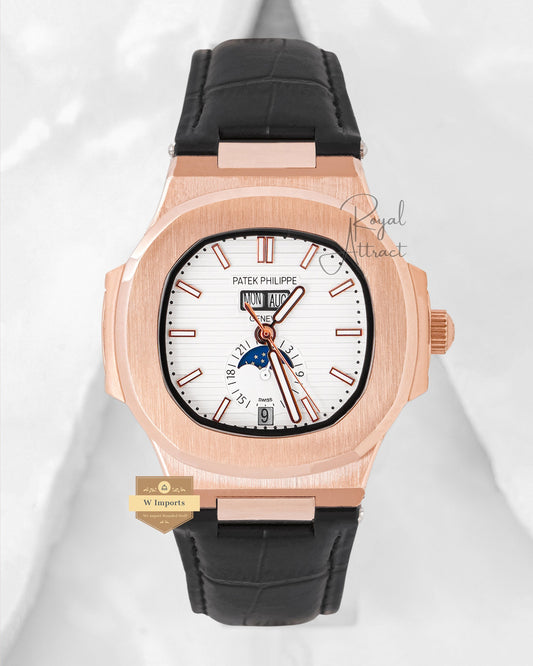 Latest Collection Annual Calendar Moon Phase Rose Gold Case With White Dial Leather Strap