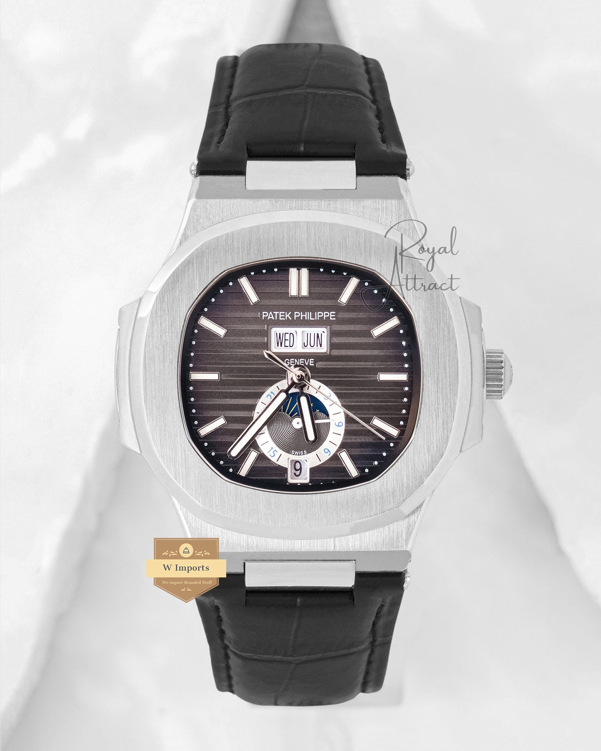 Latest Collection Annual Calendar Moon Phase Silver With Gray Dial & Leather Strap