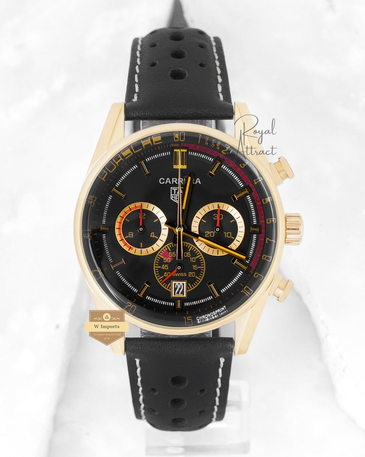 Latest Collection Chronograph Yellow Gold Case With Black Dial And Leather Strap