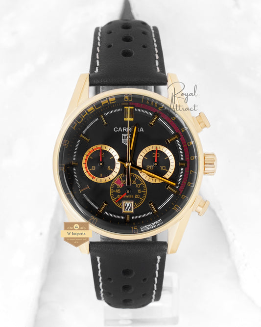Latest Collection Chronograph Yellow Gold Case With Black Dial And Leather Strap
