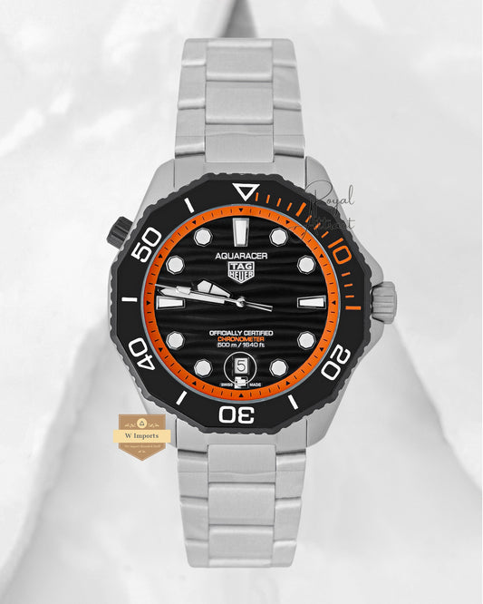 Latest Collection Silver With Black Dial Orange Accent Automatic Chain Watch