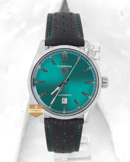 Latest Collection Silver Case With Sea Green Dial Leather Strap Automatic Watch For Men