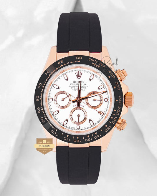 Latest Collection Chronograph 40 Rose Gold Case With White Dial Ceramic Bezel & Black Rubber Strap V3 Made