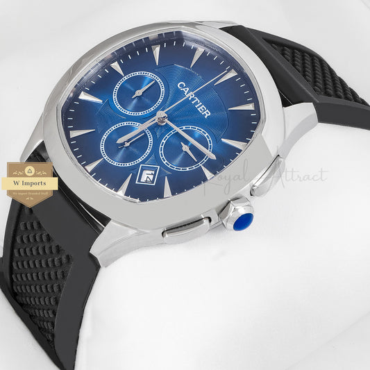 LATEST COLLECTION CHRONOGHRAPH SILVER CASE WITH BLUE DIAL & RUBBER STRAP