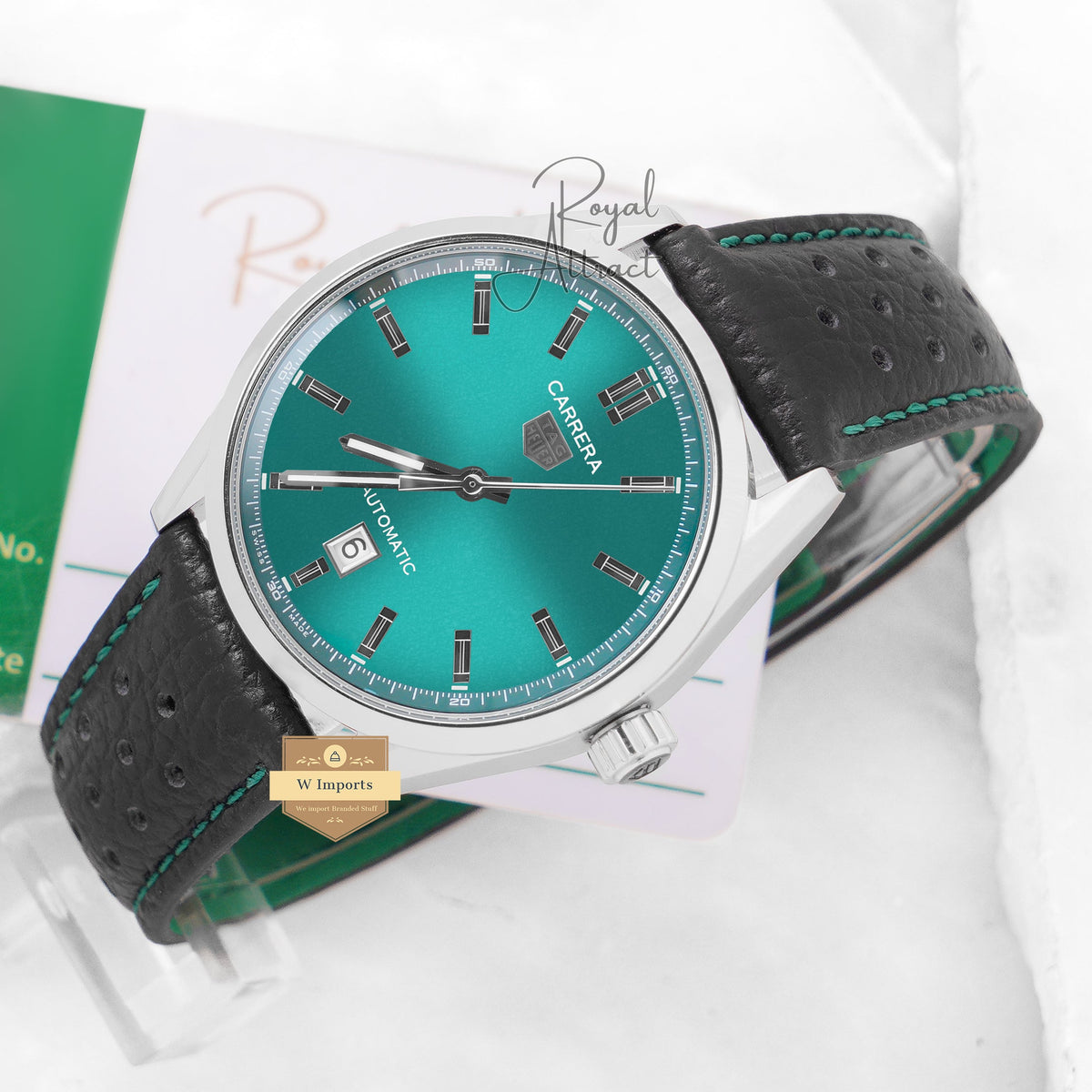 Latest Collection Silver Case With Sea Green Dial Leather Strap Automatic Watch For Men