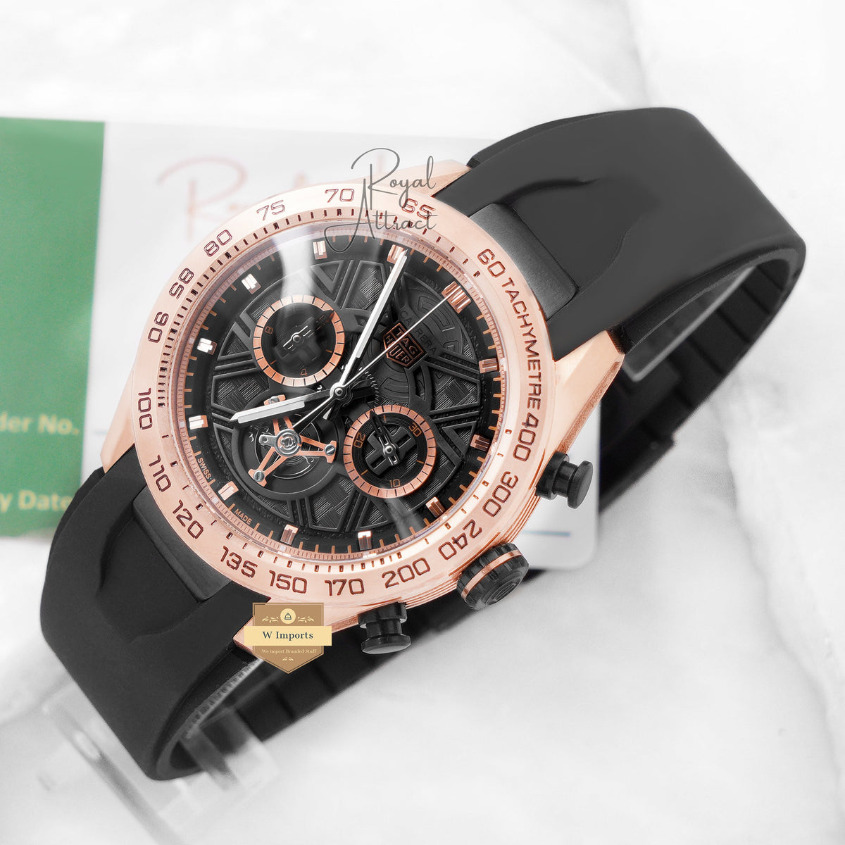 Latest Collection Chronograph Rose Gold Case & Skeleton Dial With Rubber Strap
