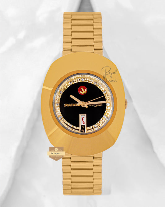 Latest Collection Yellow Gold With Black Dial Chain Watch For Men.