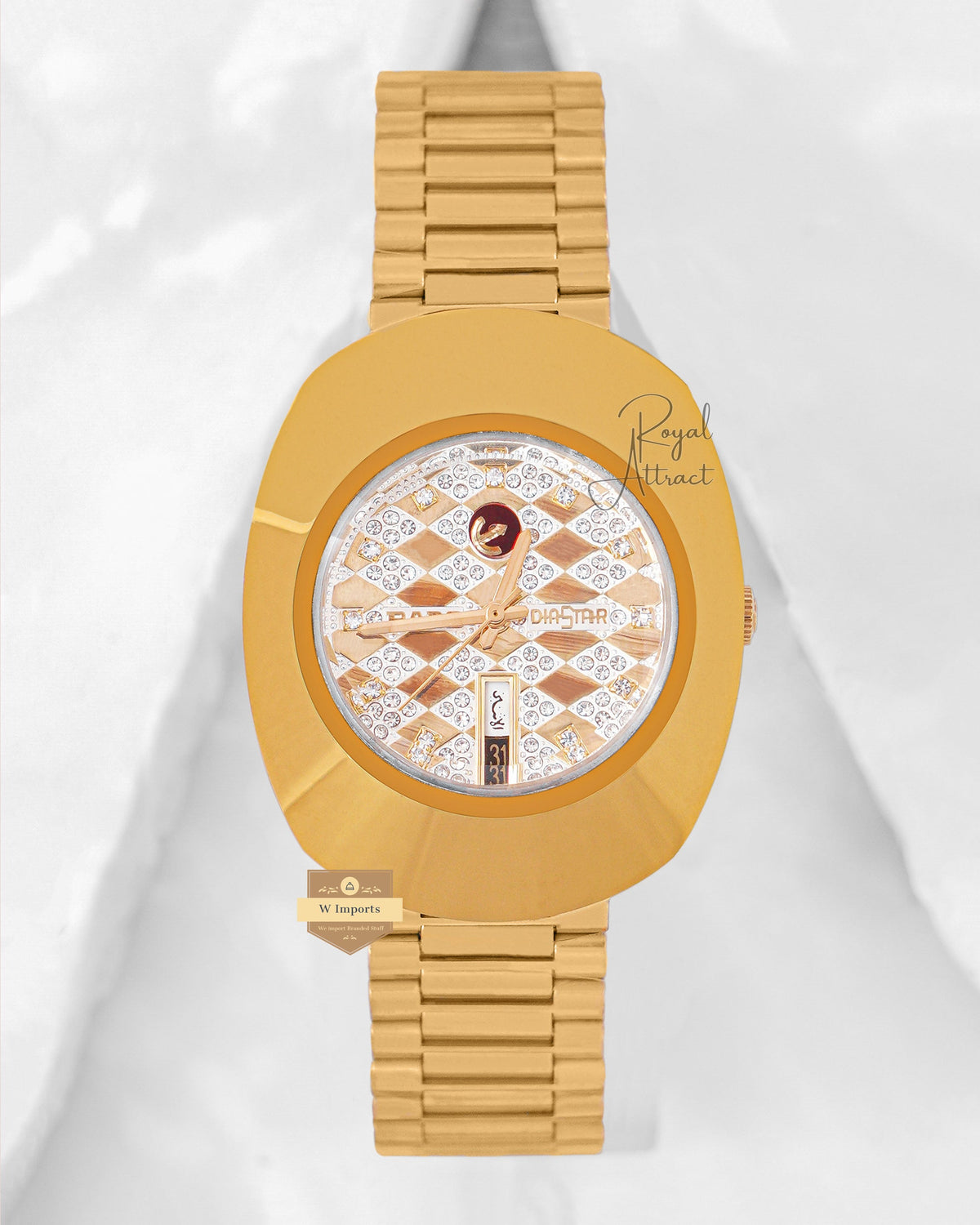 Latest Collection Yellow Gold With Stone Dial Chain Watch For Men