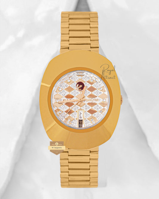Latest Collection Yellow Gold With Stone Dial Chain Watch For Men