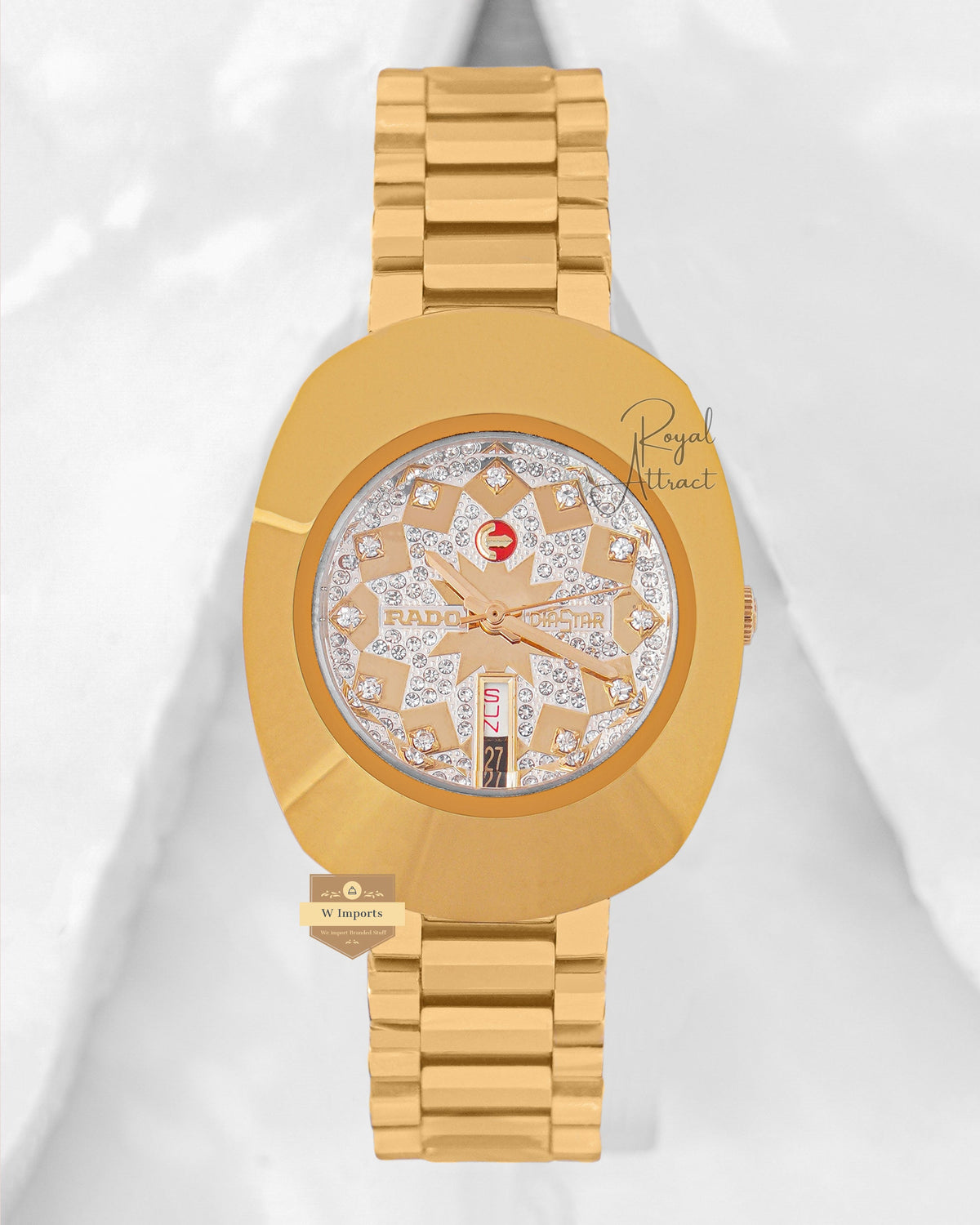 Latest Collection Yellow Gold With Stone Dial Chain Men's Watch