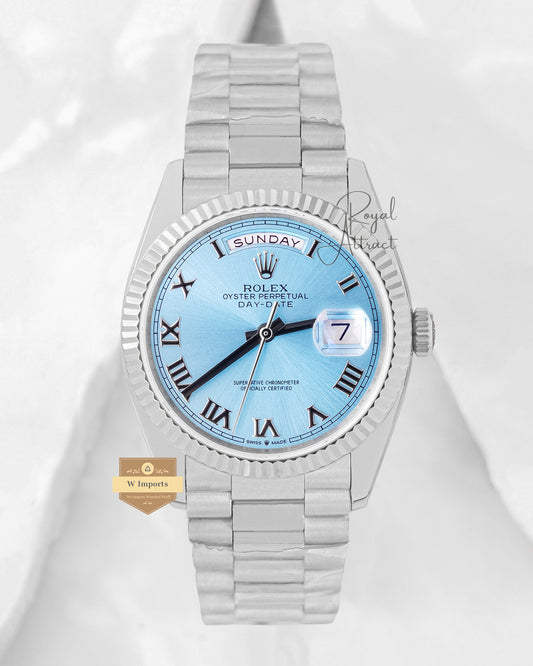 Premium Collection 36mm Silver With Sky Blue Dial & Roman Figure Automatic Watch Gs Made