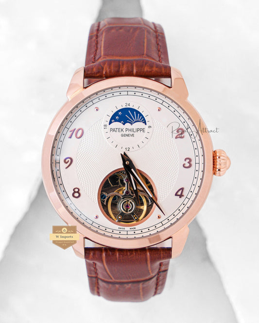 Latest Collection Tourbillon Rose Gold Case With White Dial & Leather Strap