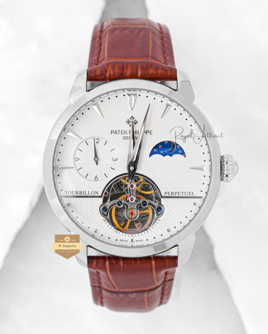 Latest Collection Tourbillon Silver Case With White Dial & Leather Strap