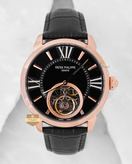 Latest Collection Tourbillon Rose Gold Case With Black Dial & Leather Strap