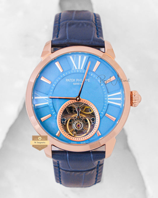 Latest Collection Tourbillon Rose Gold Case With Sky Blue Dial & Leather Strap