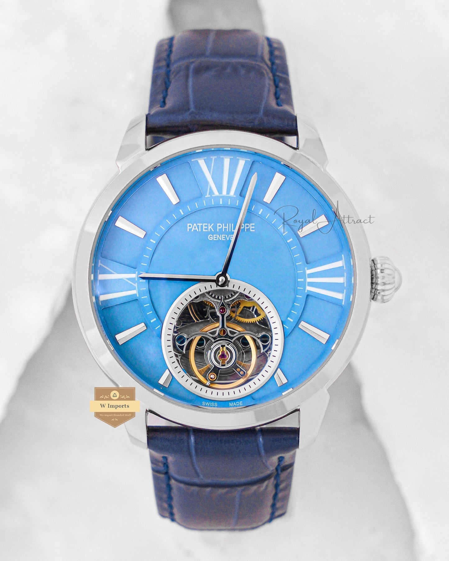 Latest Collection Tourbillon Silver Case With Sky Blue Dial & Leather Strap