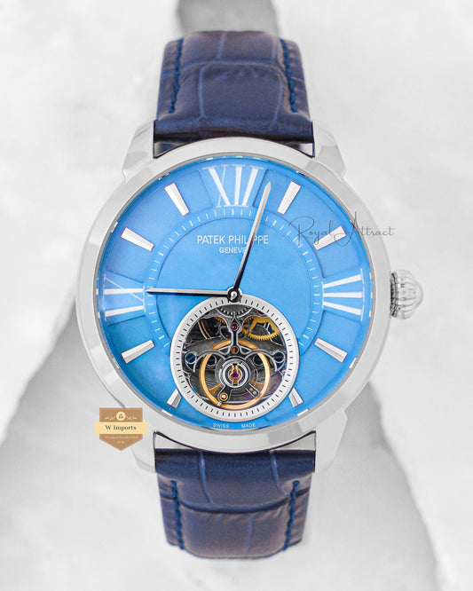 Latest Collection Tourbillon Silver Case With Sky Blue Dial & Leather Strap