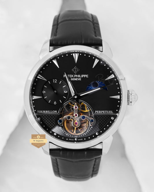 Latest Collection Tourbillon Silver Case With Black Dial & Leather Strap