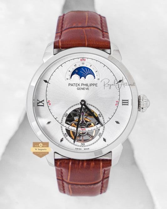 Latest Collection Tourbillon Silver Case With White Dial & Leather Strap