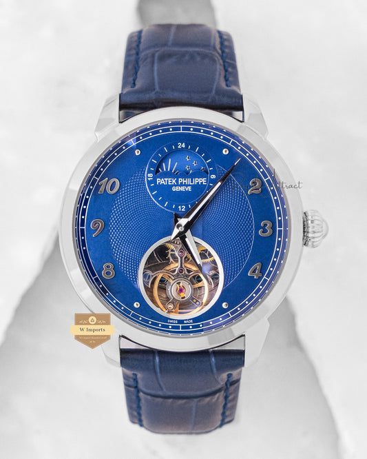 Latest Collection Tourbillon Silver Case With Blue Dial & Leather Strap