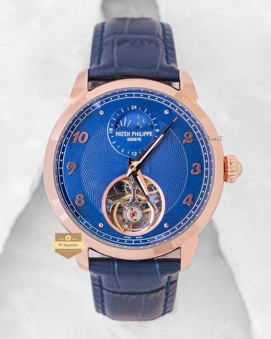 Latest Collection Tourbillon Rose Gold Case With Blue Dial & Leather Strap