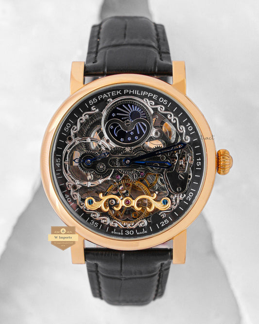 Latest Collection Tourbillon Moon phase Yellow Gold Case With Black Skeleton Dial & Leather Strap