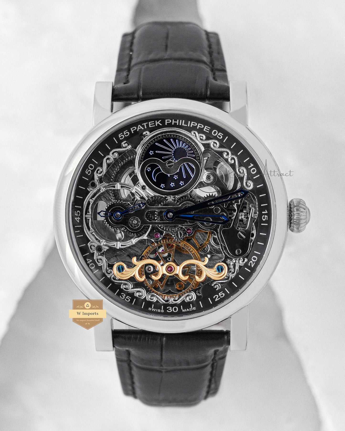 Latest Collection Tourbillon Moon phase Silver  Case With Black Skeleton Dial & Leather Strap king
