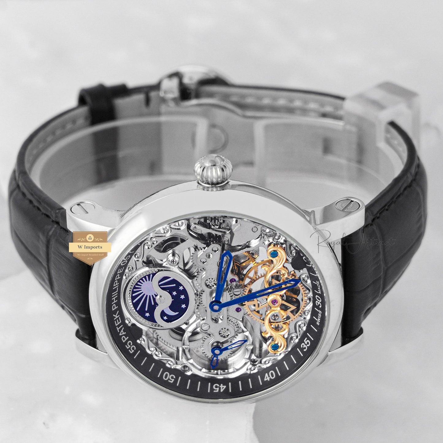 Latest Collection Tourbillon Moon phase Silver  Case With Black Skeleton Dial & Leather Strap king