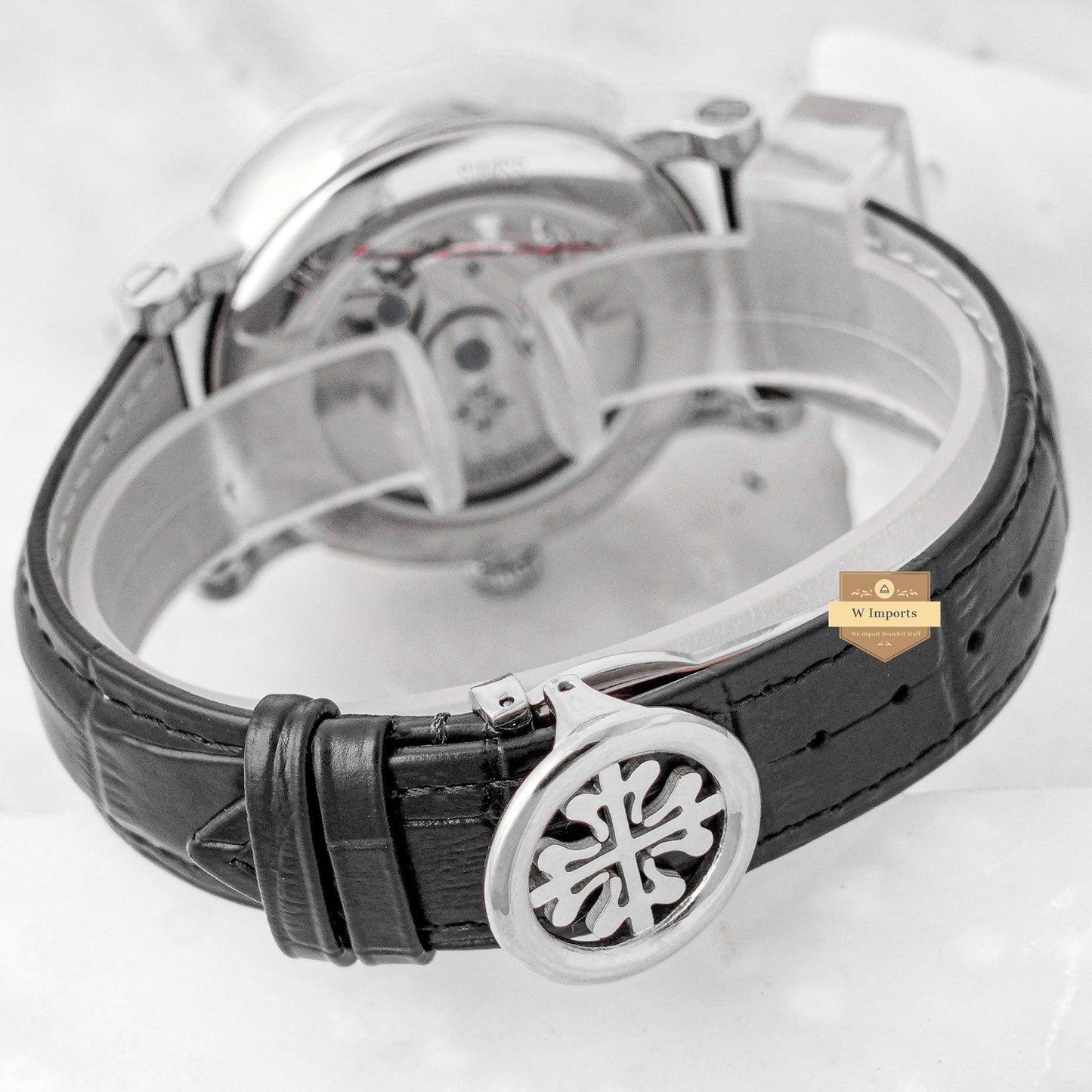 Latest Collection Tourbillon Moon phase Silver  Case With Black Skeleton Dial & Leather Strap king