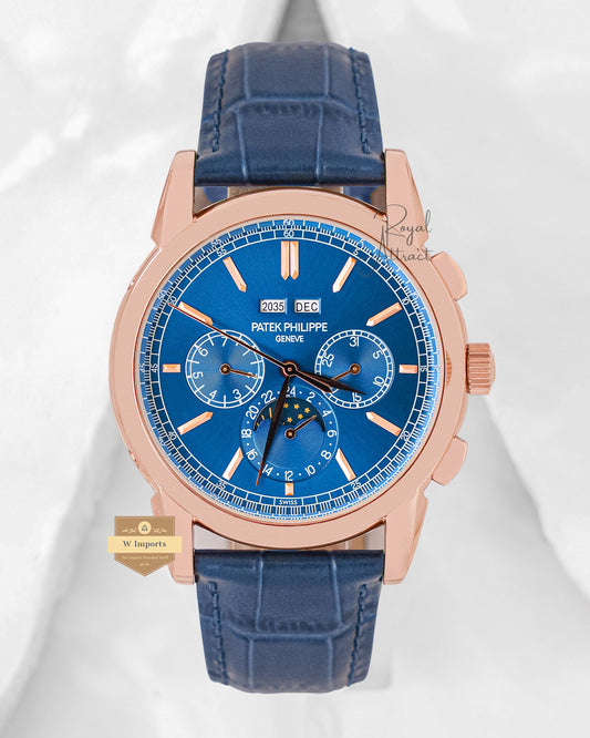 Latest Collection Chronograph Rose Gold Case With Blue Dial & Leather Strap