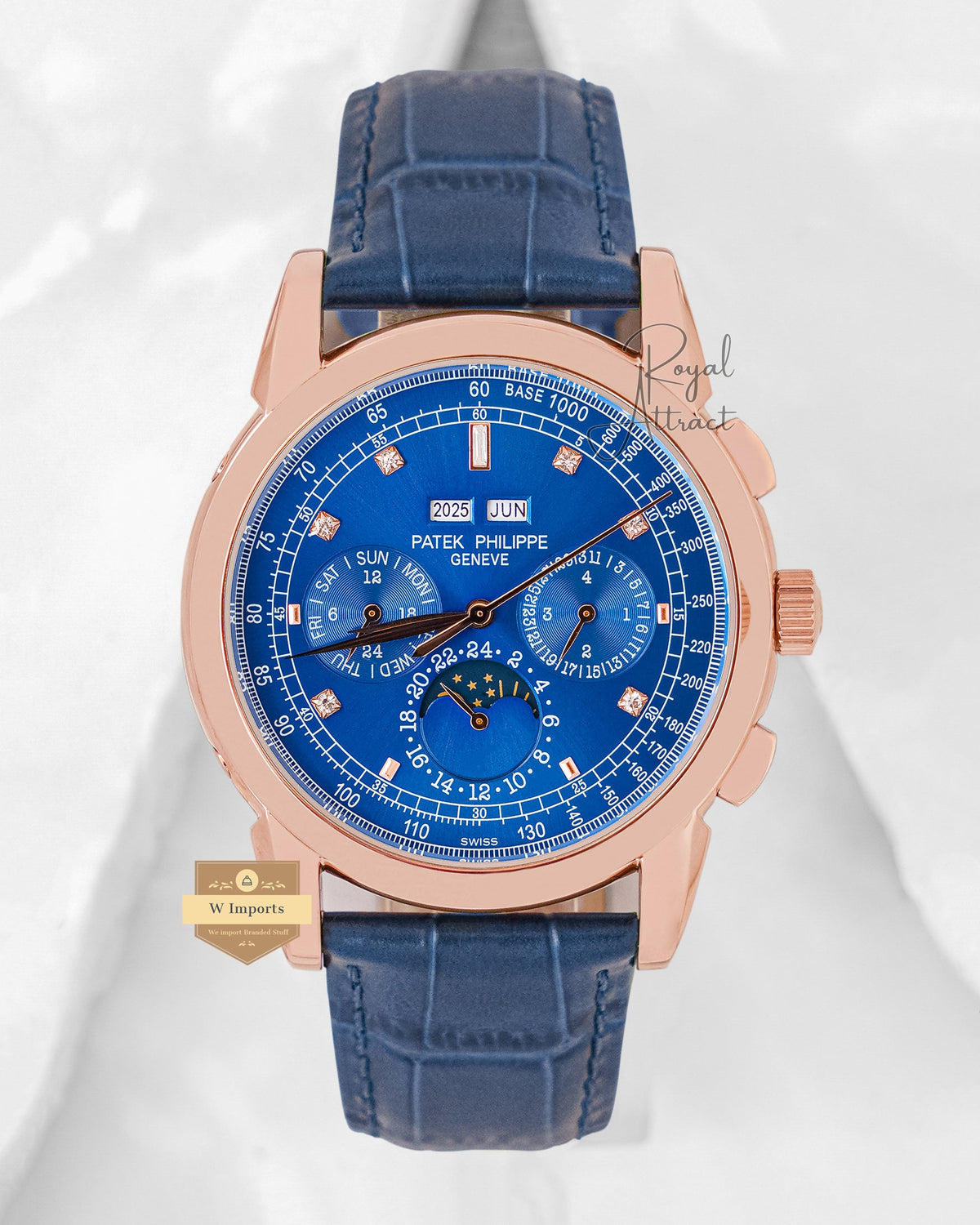 Latest Collection Chronograph Rose Gold Case With Blue Dial & Leather Strap