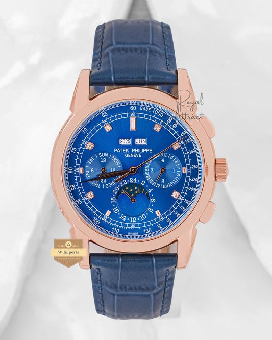Latest Collection Chronograph Rose Gold Case With Blue Dial & Leather Strap