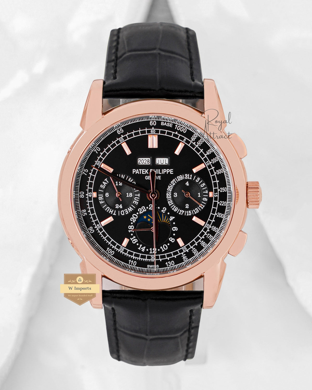 Latest Collection Chronograph Rose Gold With Black Dial & Leather Strap