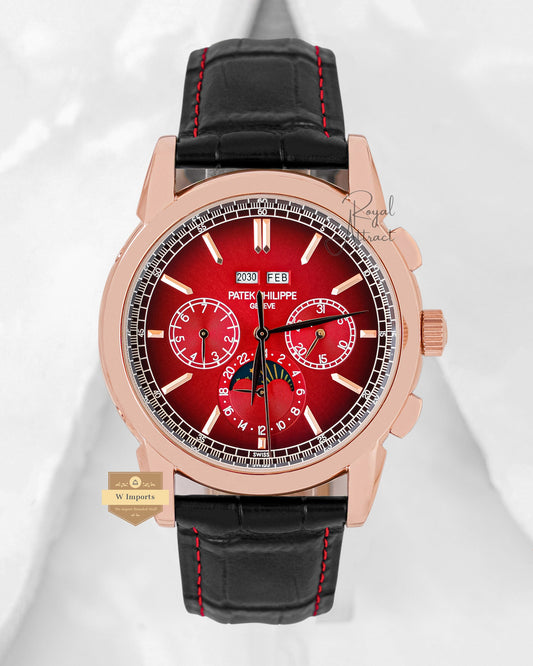 Latest Collection Chronograph Rose Gold With Red Dial & Leather Strap