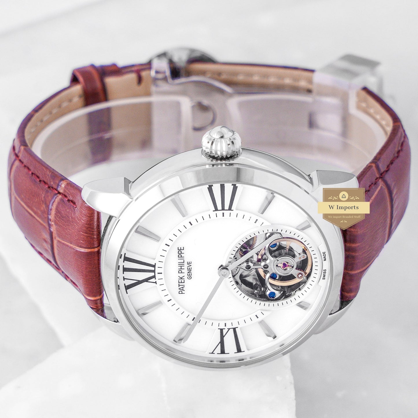 Latest Collection Tourbillon Silver Case With White Dial & Leather Strap