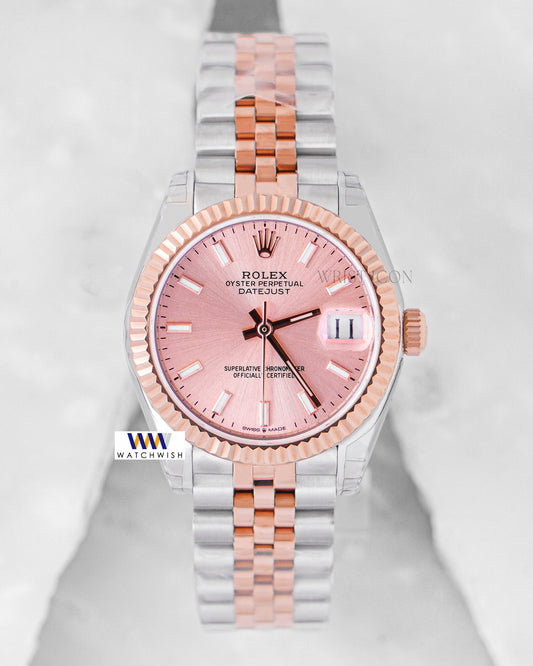 Latest Ladies Collection 31 Two Tone Rose Gold With Peach Dial Fluted Bezel & Stone Index Automatic Watch Ew Factory