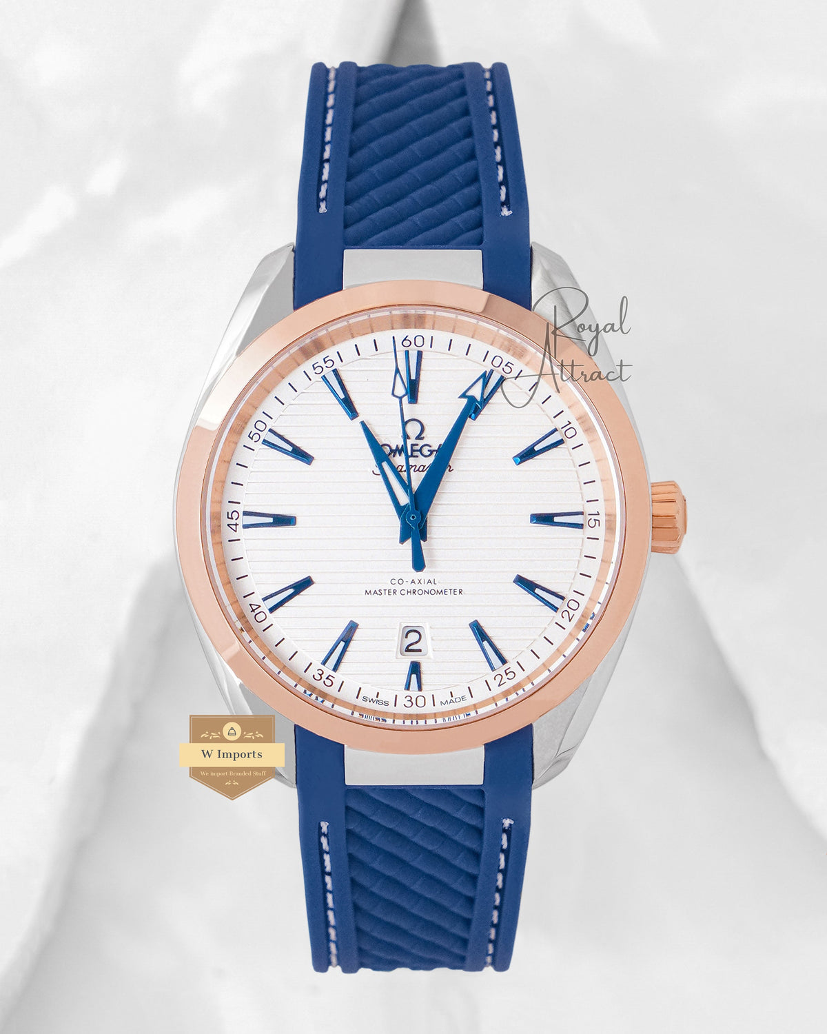 Latest Collection Silver Case With White Dial Golden Ring & Blue Rubber Strap