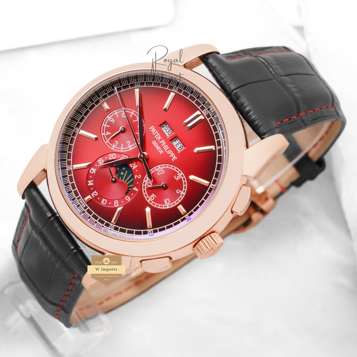 Latest Collection Chronograph Rose Gold With Red Dial & Leather Strap