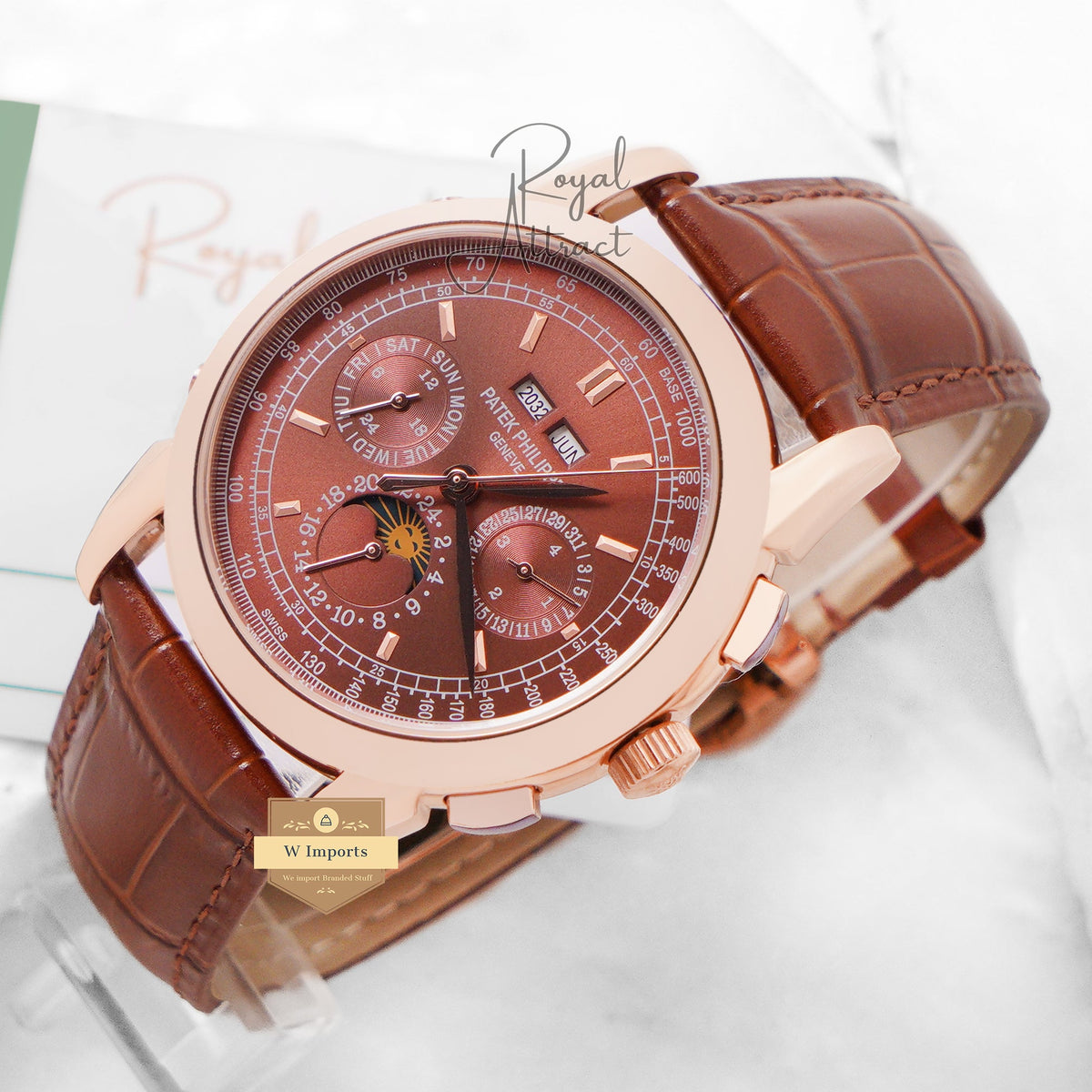 Latest Collection Chronograph Rose Gold Case With Brown Dial & Leather Strap