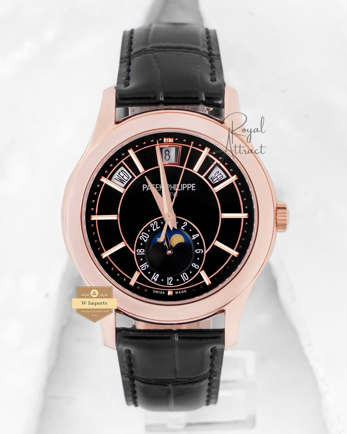 Latest Collection Moon Phase Rose Gold Case With Black Dial Dial & Leather Strap